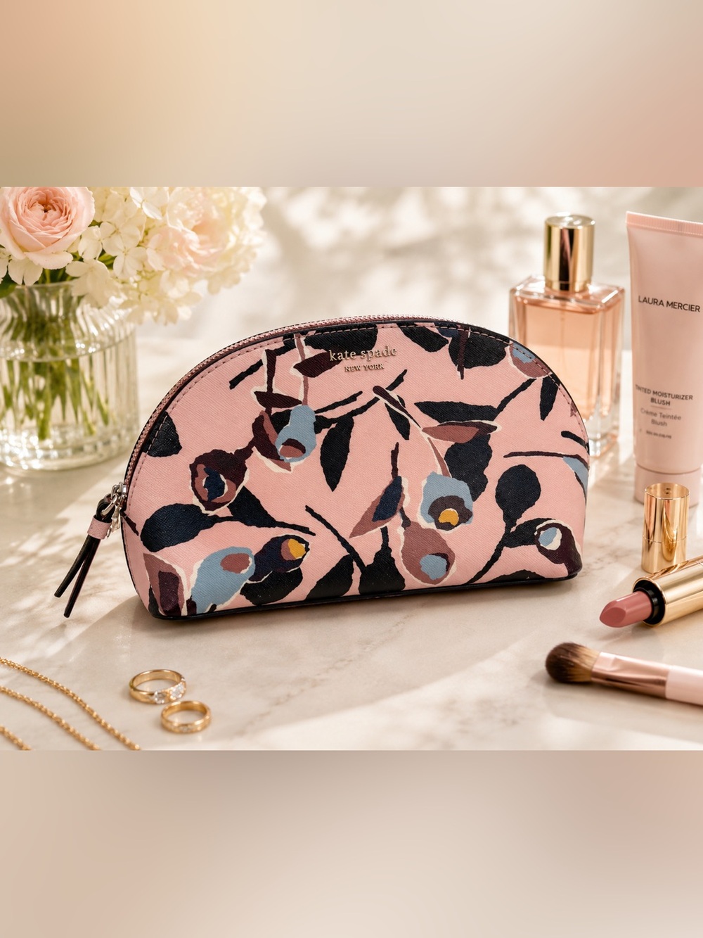 Kate Spade Pink Floral Print Cosmetic Pouch with Navy and Blue Accents